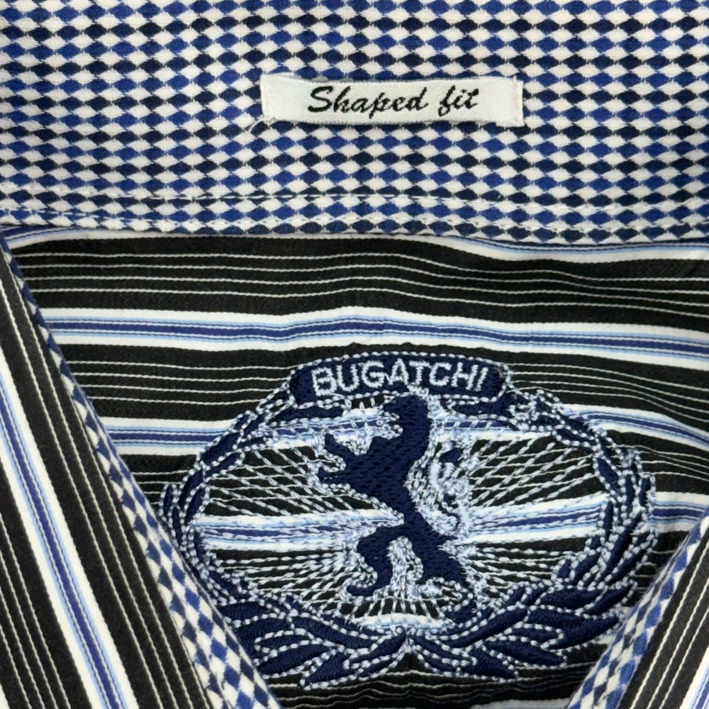 Bugatchi Button Up Shirt Mens L Black Blue Striped Shaped Fit Long Sleeve - Picture 2 of 9